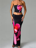 Sexy Floral Print Tube Top Elastic Waist Bodycon Skirt Set image 1