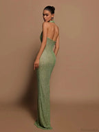 Sexy Halter Deep V Neck Sequins Green Sleeveless Backless Celebrity Party Dress image 3