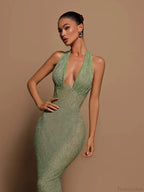 Sexy Halter Deep V Neck Sequins Green Sleeveless Backless Celebrity Party Dress image 4