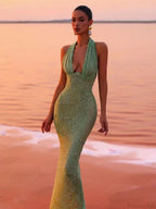 Sexy Halter Deep V Neck Sequins Green Sleeveless Backless Celebrity Party Dress image 1