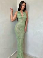 Sexy Halter Deep V Neck Sequins Green Sleeveless Backless Celebrity Party Dress image 5