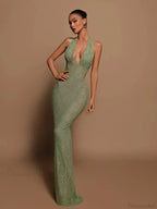 Sexy Halter Deep V Neck Sequins Green Sleeveless Backless Celebrity Party Dress image 2