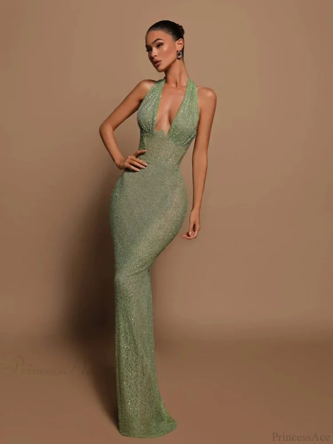 Sexy Halter Deep V Neck Sequins Green Sleeveless Backless Celebrity Party Dress image 2