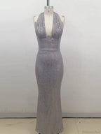 Sexy Halter Deep V Neck Sequins Green Sleeveless Backless Celebrity Party Dress image 9