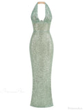 Sexy Halter Deep V Neck Sequins Green Sleeveless Backless Celebrity Party Dress image 7