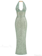 Sexy Halter Deep V Neck Sequins Green Sleeveless Backless Celebrity Party Dress image 7
