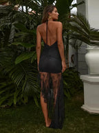 Sexy Halter Lace-up Deep V Neck Lace Ruffles Rose Red Party Dress image 6