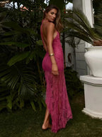 Sexy Halter Lace-up Deep V Neck Lace Ruffles Rose Red Party Dress image 3