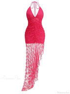 Sexy Halter Lace-up Deep V Neck Lace Ruffles Rose Red Party Dress image 8