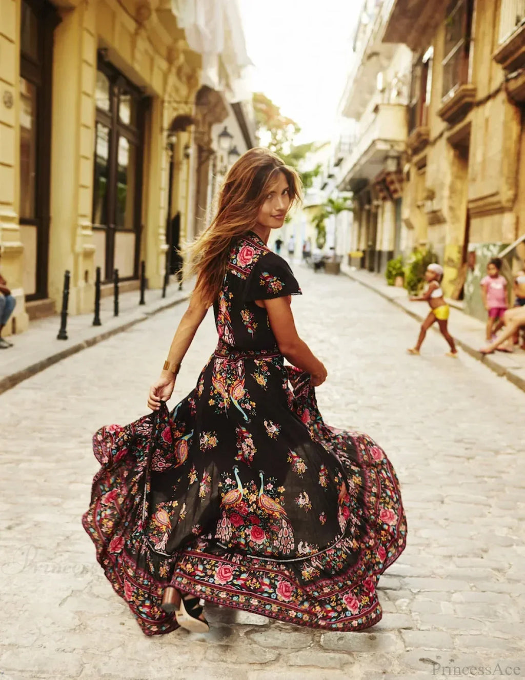 Sexy High Split Flare Sleeve Print Rayon Maxi Boho Dress image 1