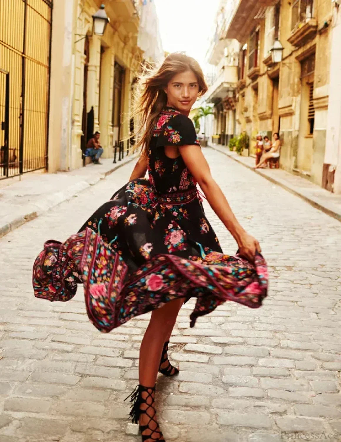 Sexy High Split Flare Sleeve Print Rayon Maxi Boho Dress image 2