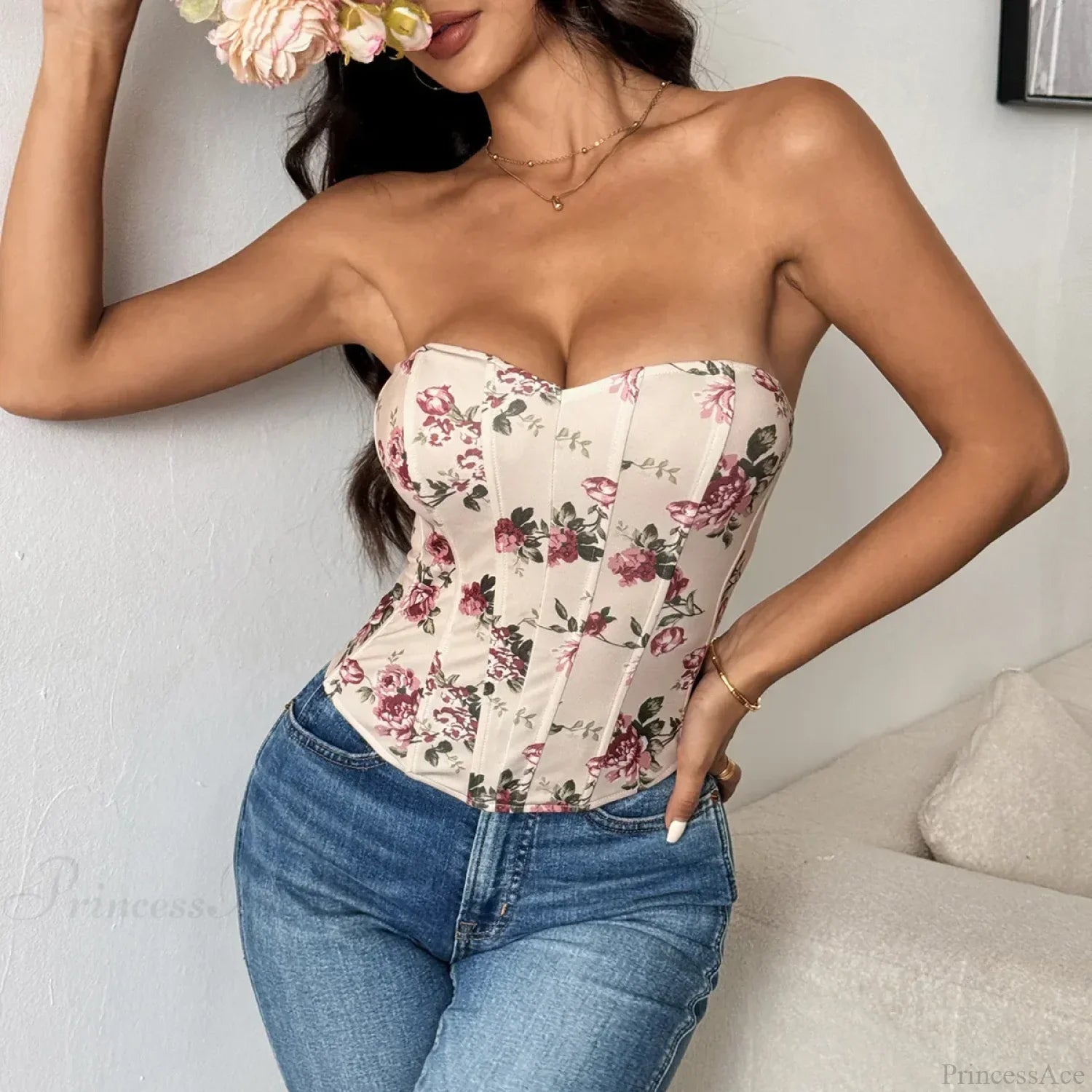 Sexy Lace Flower Pattern Corset Low-Cut Tank Top image 4