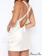 Sexy Lace Satin Patchwork Spaghetti Strap V neck Mini Dress image 6