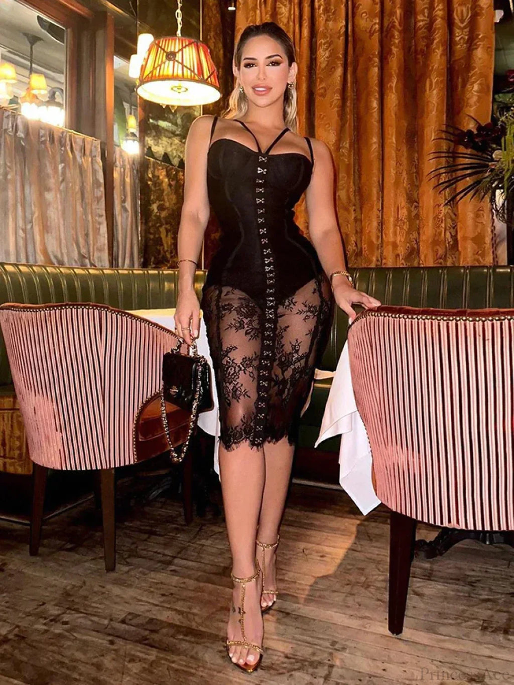 Sexy Lace Two-Piece Black Sleeveless Hook-Front See Through Evening Party Dress image 1