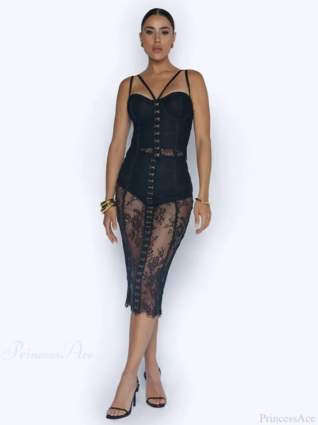 Sexy Lace Two-Piece Black Sleeveless Hook-Front See Through Evening Party Dress image 5
