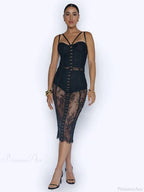 Sexy Lace Two-Piece Black Sleeveless Hook-Front See Through Evening Party Dress image 5
