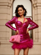 Sexy Luxury Sequins One Shoulder Mini Black Feather Elegant Party Dress image 5