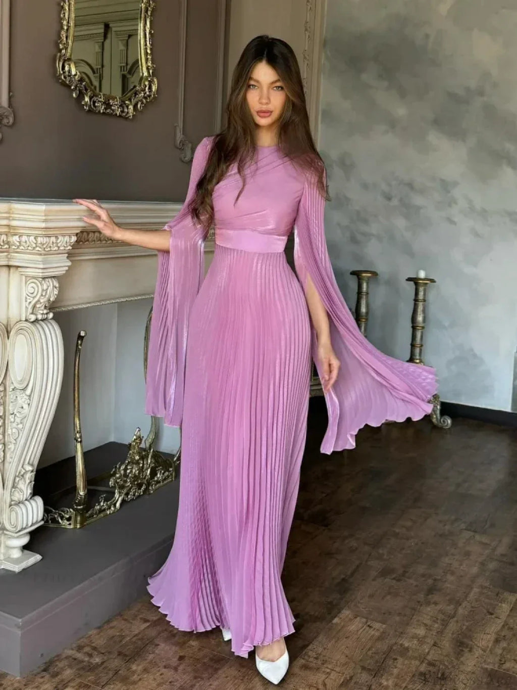 Sexy O Neck Batwing Sleeve Pleated Long Dress Women Rose Party Dress image 1