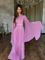 Sexy O Neck Batwing Sleeve Pleated Long Dress Women Rose Party Dress image 3