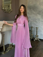 Sexy O Neck Batwing Sleeve Pleated Long Dress Women Rose Party Dress image 4