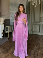 Sexy O Neck Batwing Sleeve Pleated Long Dress Women Rose Party Dress image 2