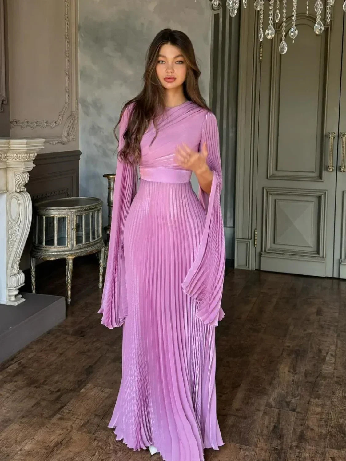 Sexy O Neck Batwing Sleeve Pleated Long Dress Women Rose Party Dress image 2