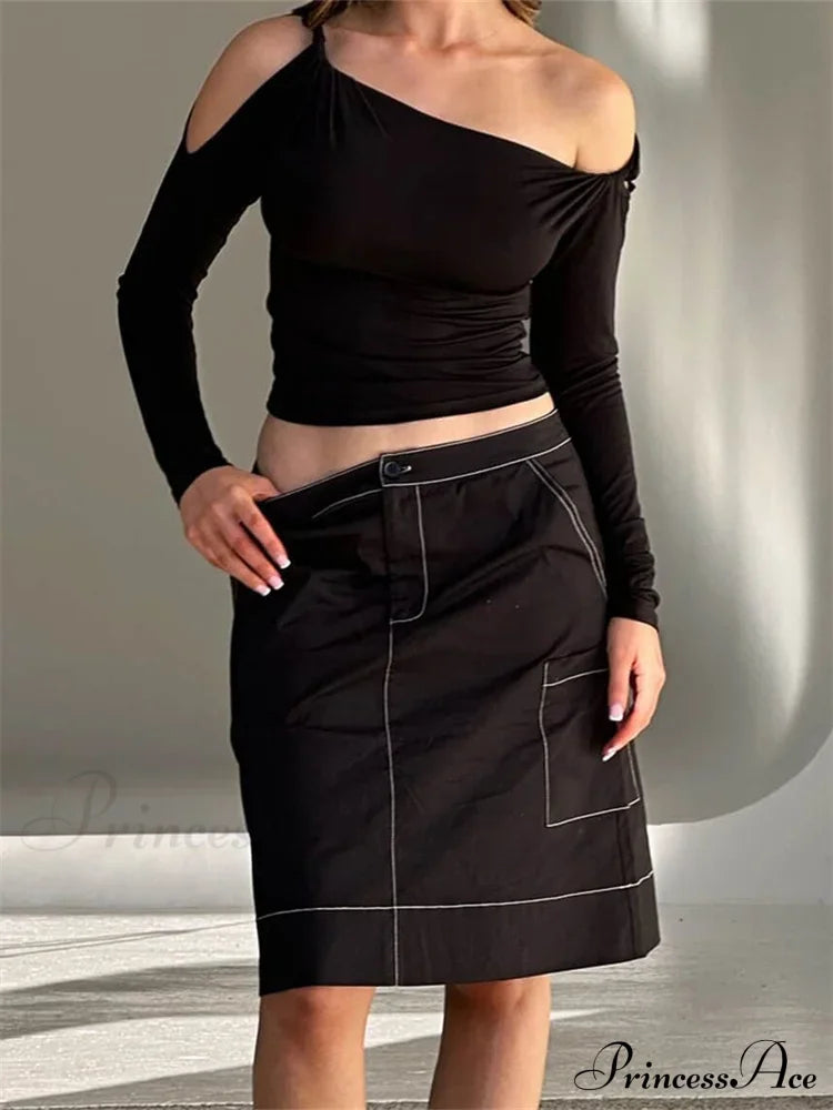 Sexy Off Shoulder Long Sleeve Neck Solid Color Slim Fit T-shirts image 2