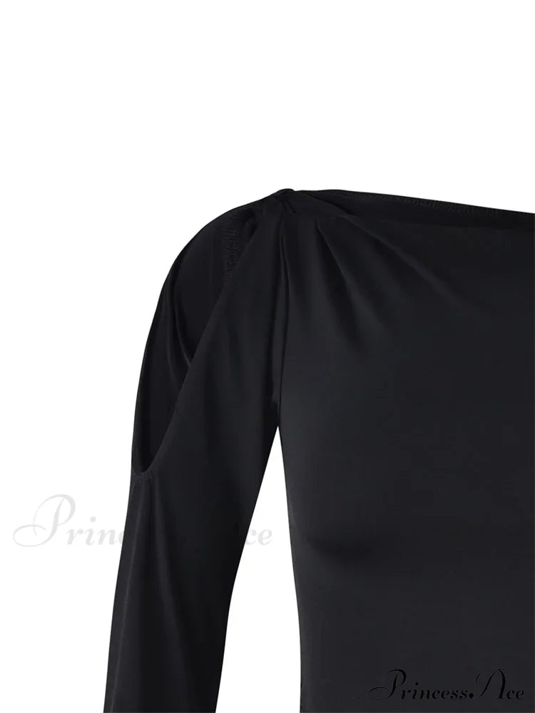 Sexy Off Shoulder Long Sleeve Neck Solid Color Slim Fit T-shirts image 5