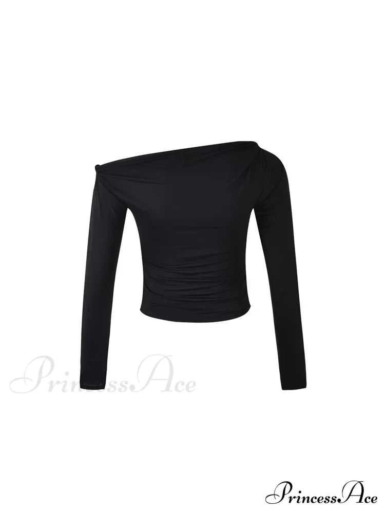 Sexy Off Shoulder Long Sleeve Neck Solid Color Slim Fit T-shirts image 6