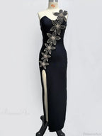 Sexy One Shoulder Sleeveless Diamonds Flower Bandage Black High Slit Party Dress image 7