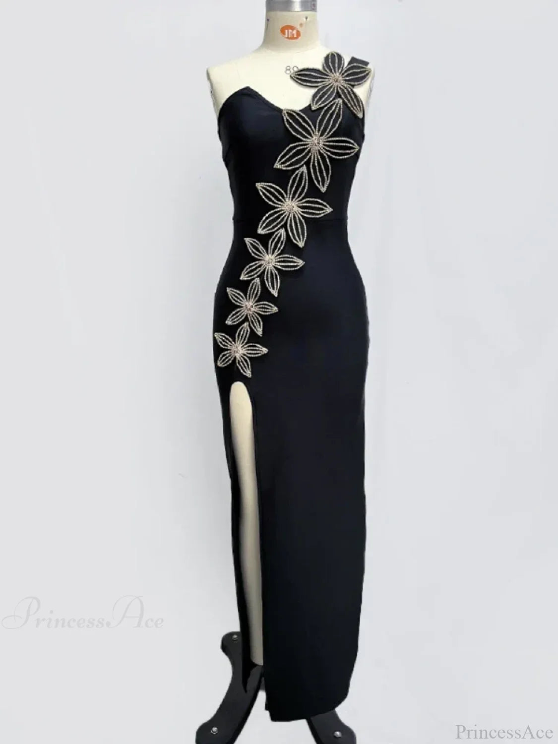 Sexy One Shoulder Sleeveless Diamonds Flower Bandage Black High Slit Party Dress image 7