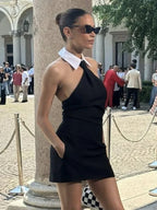 Sexy Patchwork Sleeveless Bandage Dress Black Backless Bodycon Mini Party Dress image 3