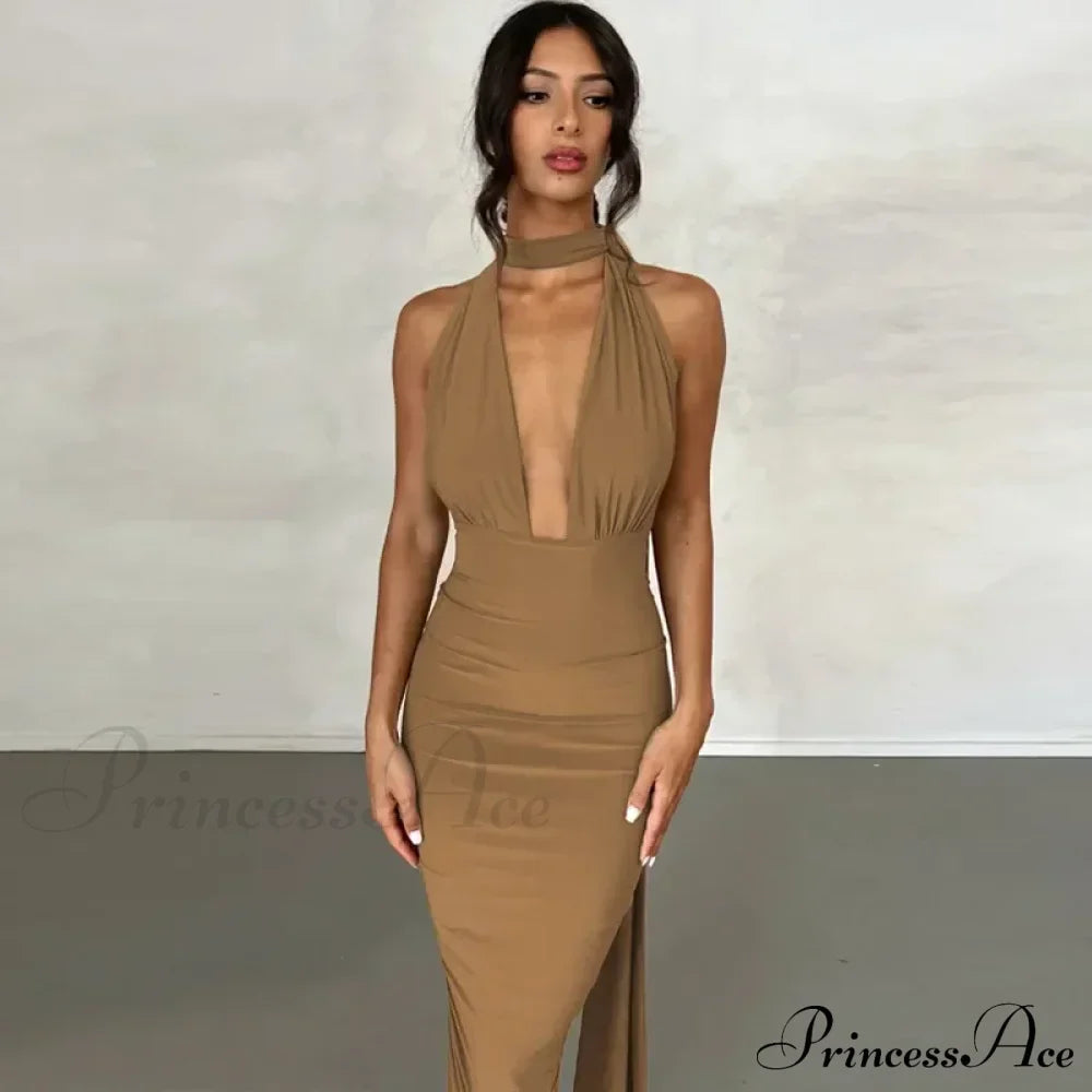 Sexy Plunge Deep V Neck Summer Club Party Sleeveless Ruched Slit Midi Dress image 5