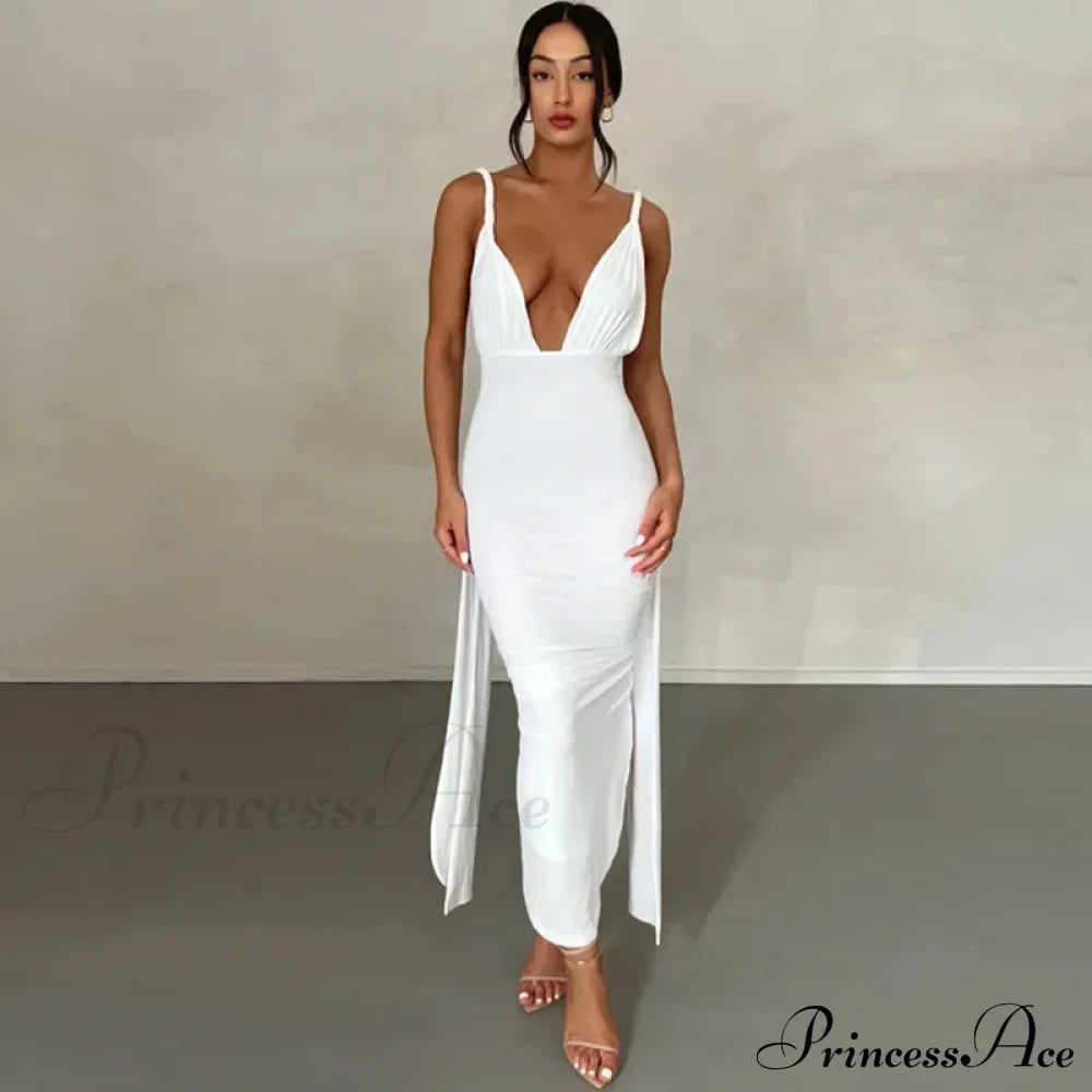 Sexy Plunge Deep V Neck Summer Club Party Sleeveless Ruched Slit Midi Dress image 3