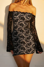 Sexy Sheer Lace Off Shoulder Long Sleeve Mini Dress image 1