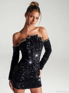 Sexy Slash Neck Long Sleeve Sparkling Sequins Dress Off Shoulder Party Dress image 1
