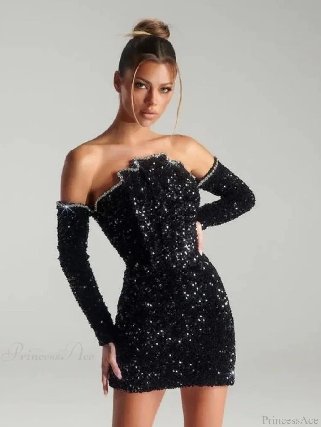 Sexy Slash Neck Long Sleeve Sparkling Sequins Dress Off Shoulder Party Dress image 2