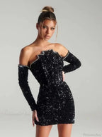 Sexy Slash Neck Long Sleeve Sparkling Sequins Dress Off Shoulder Party Dress image 2