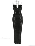 Sexy Sleeveless Cut Out Black Sequins Elegant Backless High Slit Party Dress image 6