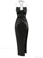 Sexy Sleeveless Cut Out Black Sequins Elegant Backless High Slit Party Dress image 5