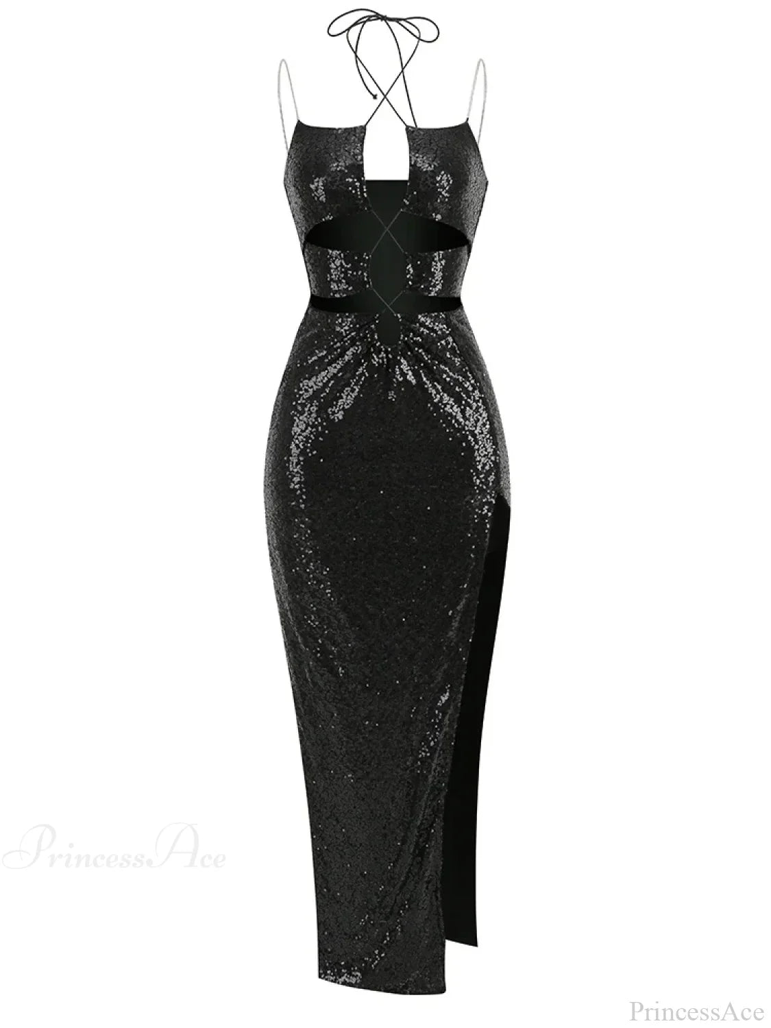 Sexy Sleeveless Cut Out Black Sequins Elegant Backless High Slit Party Dress image 5