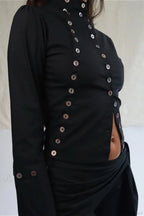 Sexy Solid Button Slim Round Neck Long Sleeve Tee image 1