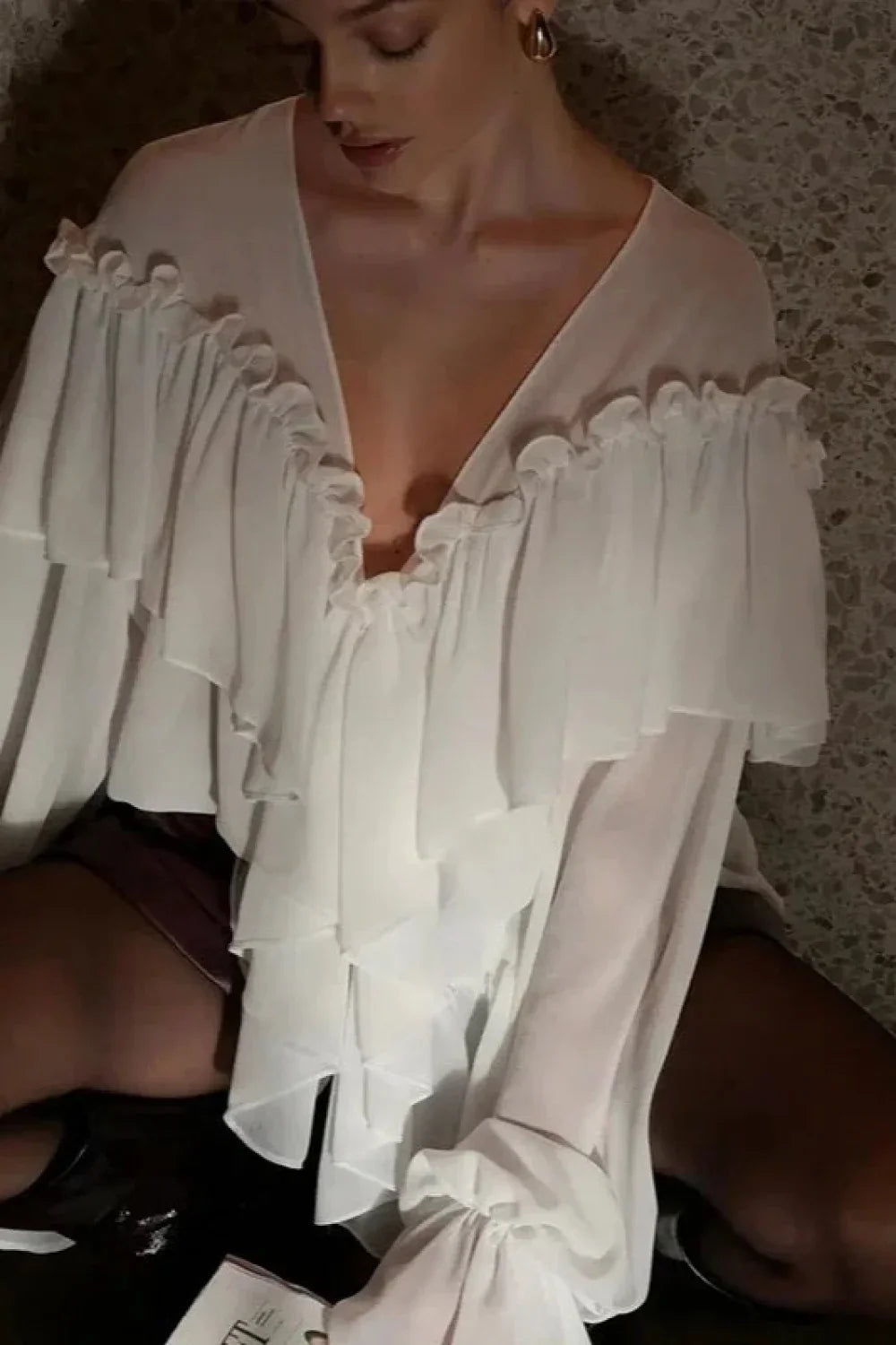 Sexy Solid Color Batwing Off-the-Shoulder Long Sleeve Blouse image 4