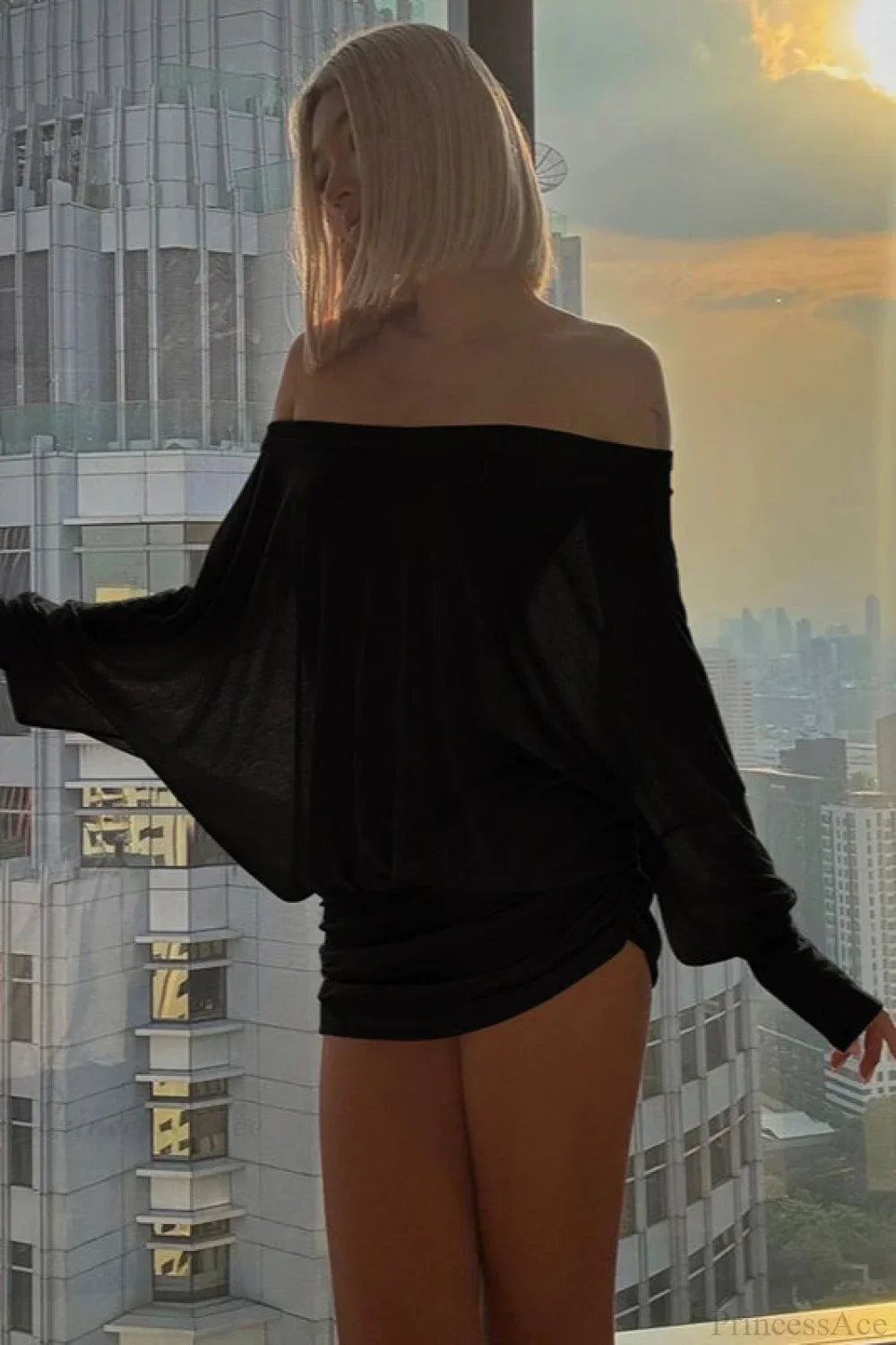 Sexy Solid Color Batwing Off-the-Shoulder Long Sleeve Blouse image 6