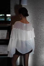 Sexy Solid Color Batwing Off-the-Shoulder Long Sleeve Blouse image 3