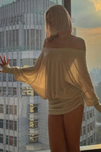 Sexy Solid Color Batwing Off-the-Shoulder Long Sleeve Blouse image 1