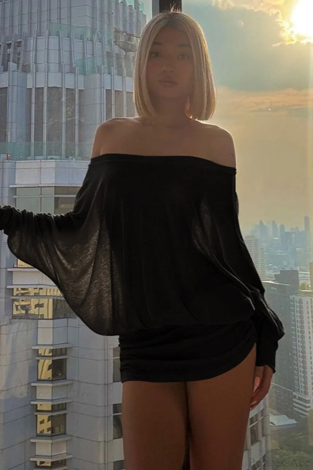 Sexy Solid Color Batwing Off-the-Shoulder Long Sleeve Blouse image 7