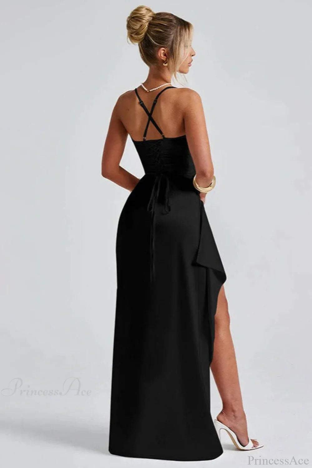 Sexy Solid Spaghetti Strap Back Tie Slit Evening Dress image 6