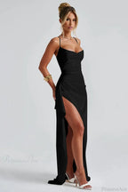 Sexy Solid Spaghetti Strap Back Tie Slit Evening Dress image 5
