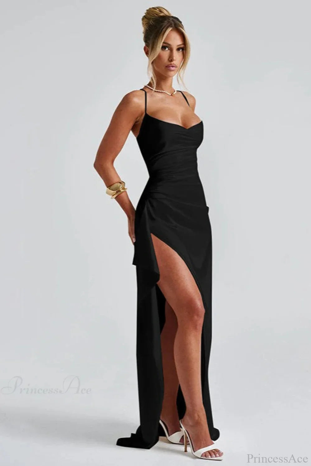 Sexy Solid Spaghetti Strap Back Tie Slit Evening Dress image 5